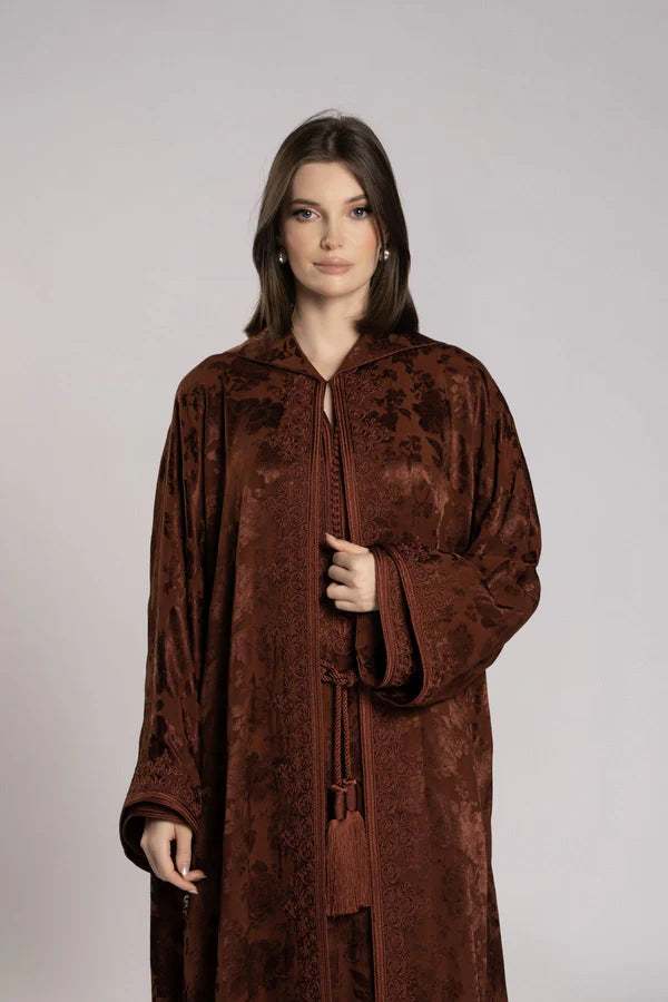 RMDML2501A-BROWN HOODED MOROCCAN ELEGANCE ABAYA
