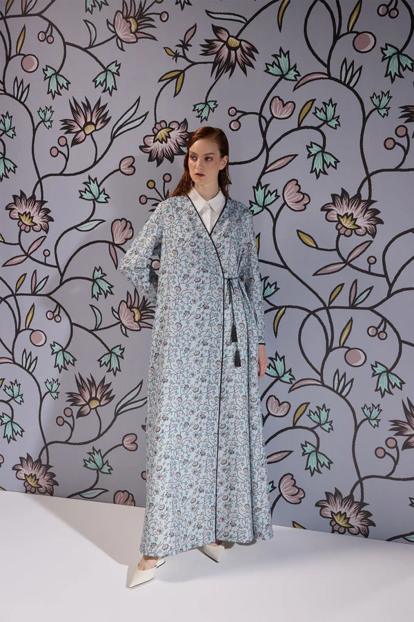 SM2411-GREY FLORAL FANTASY A-LINE ABAYA